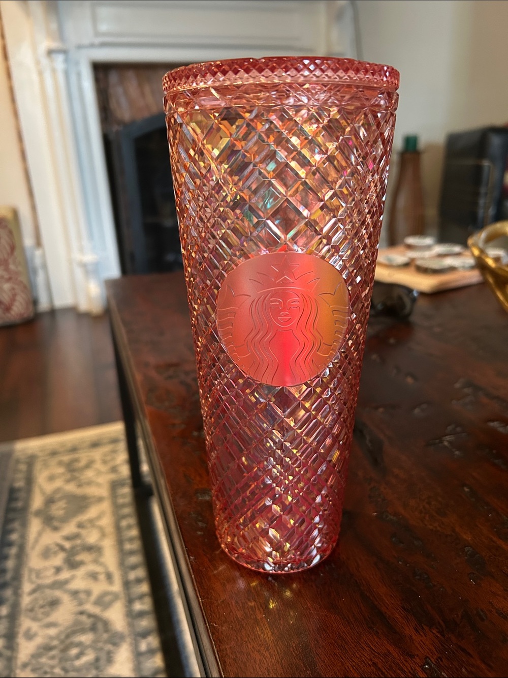 Starbucks 2021 Iridescent Pink Diamond-Pattern Tumbler Missing Straw